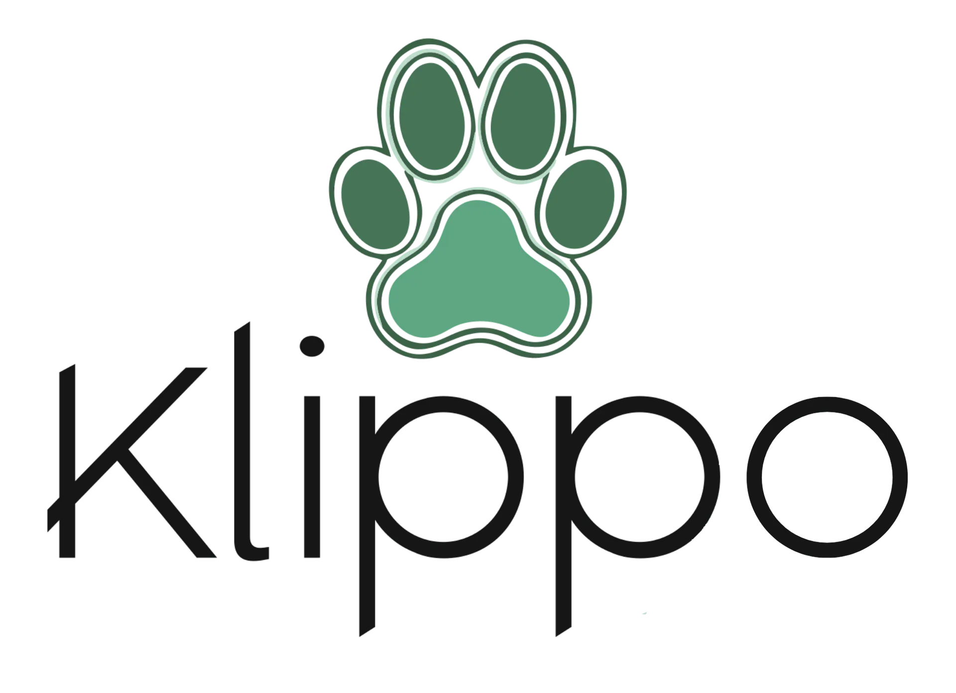 Klippo Hundeschule Logo, Grün und Schwarz, Hundepfote und "Klippo" Schriftzug