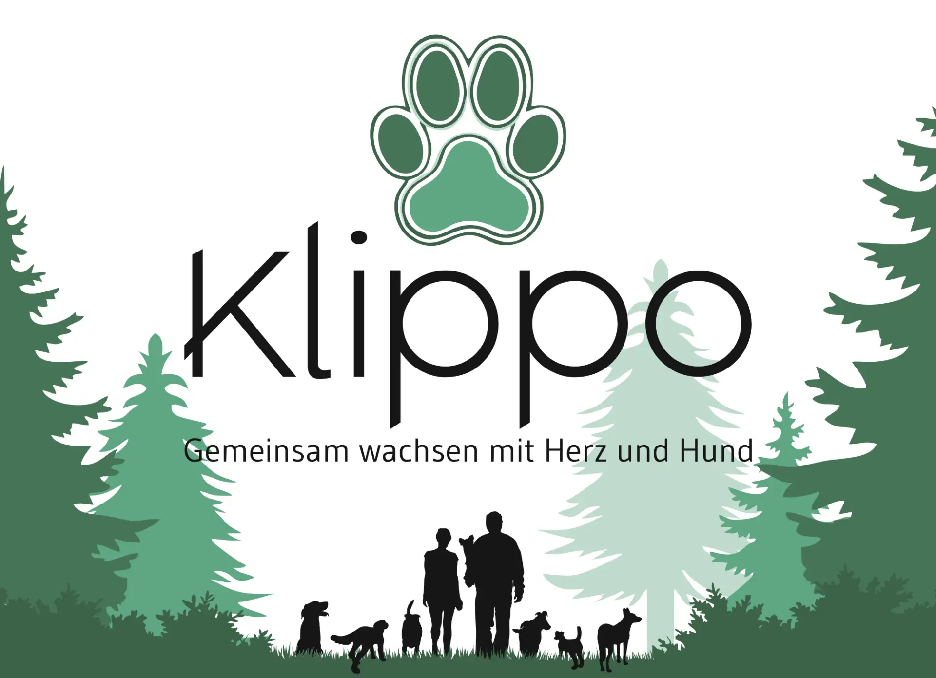 Klippo Logo, Waldlandschaft, mittig "Klippo" mit dem Slogan "Gemeinsam wachsen mit Herz und Hund"