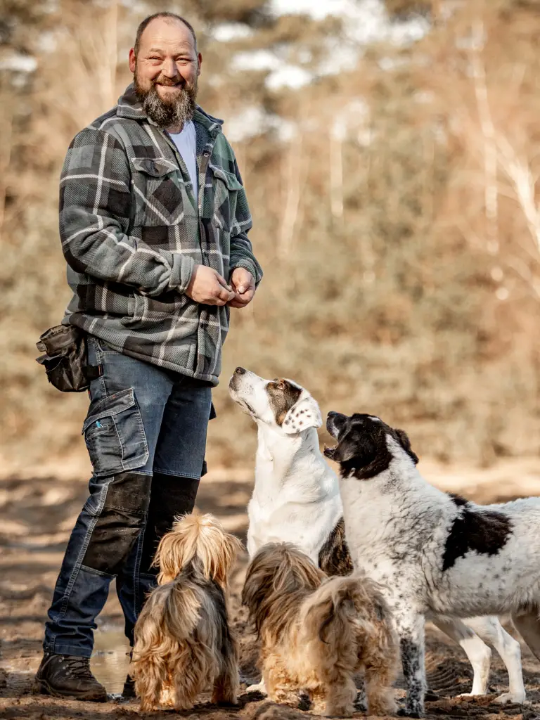 Meik Gauda von der Hundeschule Klippo steht im Wald und lächelt in die Kamera. Um ihn herum schauen in vier Hunde an, wartend auf ein Leckerli in seiner Hand.